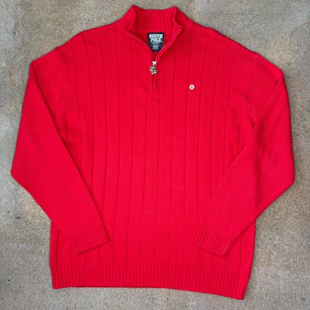 VTG South Pole Quarter Zip Sweater Mens XXL Red Ribbed Knit Streetwear